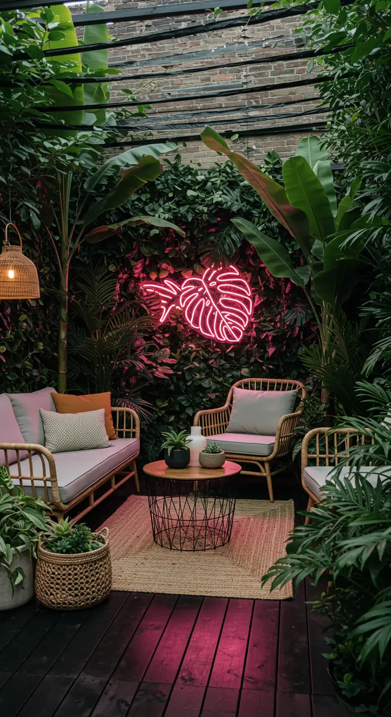 Lush green patio with rattan furniture and a pink neon monstera leaf sign on a plant-covered wall.