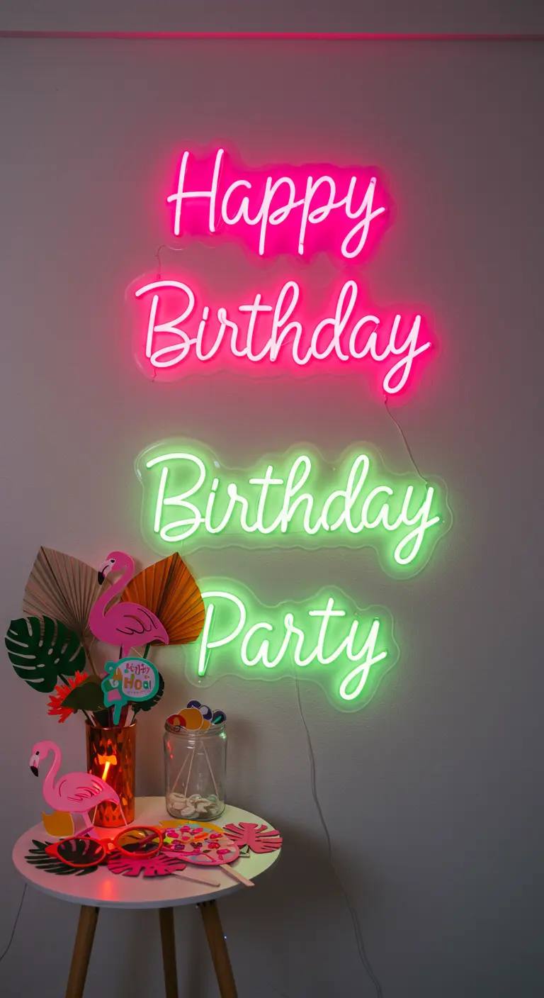 A collection of colorful birthday neon signs above a small table with party props.