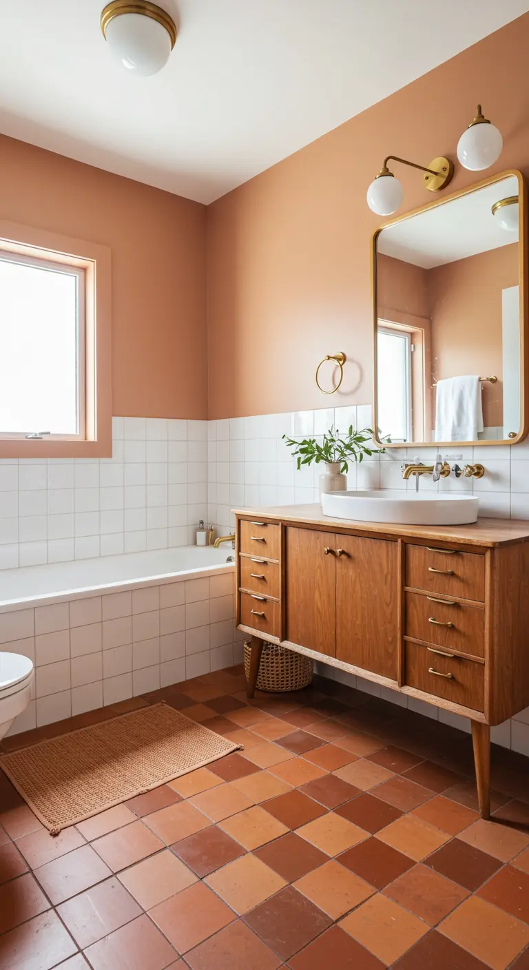 Bathroom with a mid-century modern wood vanity, gold fixtures, and a checkerboard terracotta floor.