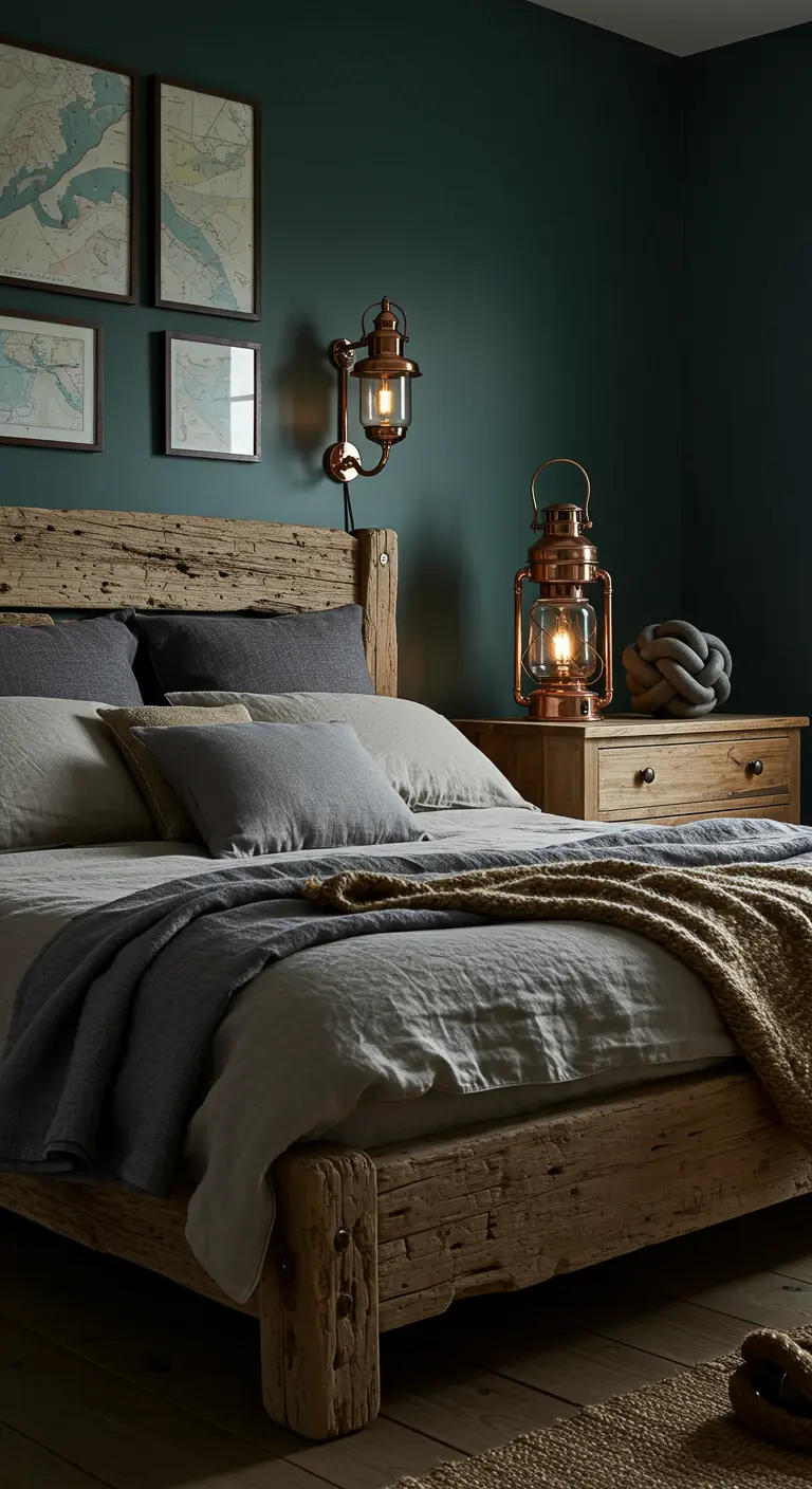 Nautical bedroom with a reclaimed wood bed, copper lanterns, and framed maps on a green wall.