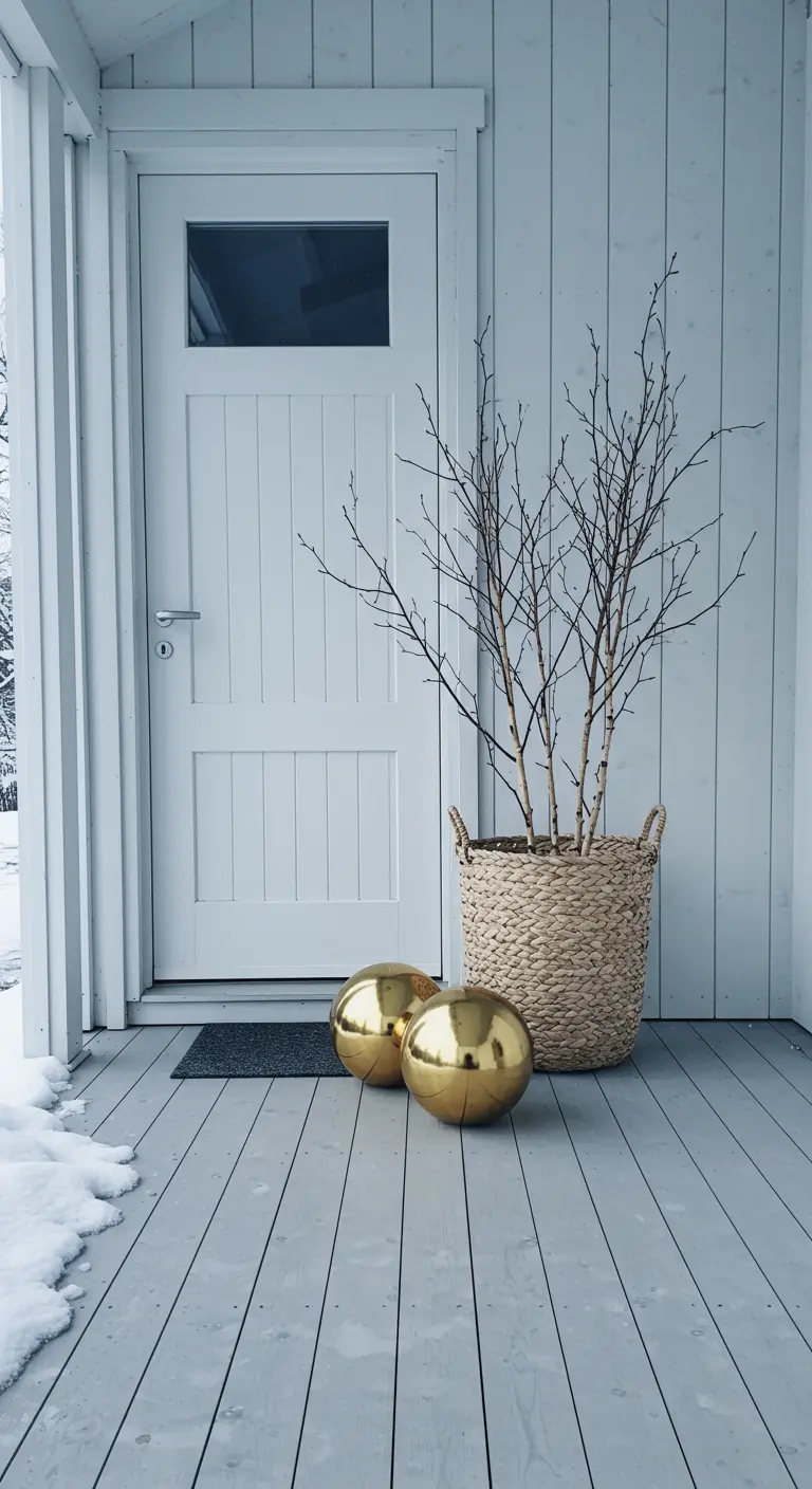 Bare birch branches in a woven basket next to two large gold baubles on a white porch.