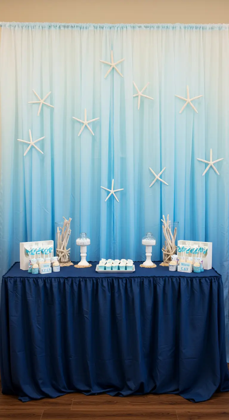 Dessert table with a blue ombre curtain backdrop decorated with starfish.
