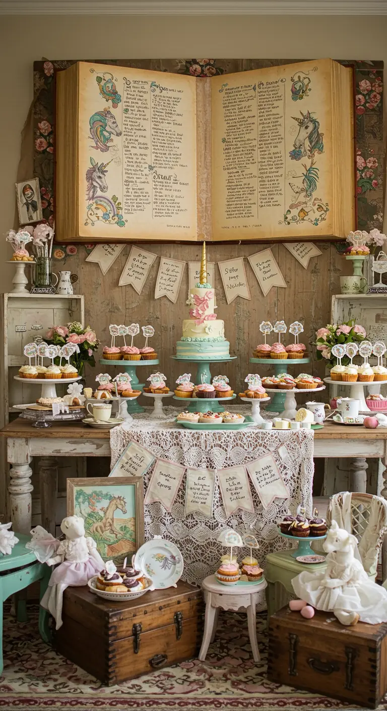 Vintage storybook unicorn party with a giant book backdrop and lace details.