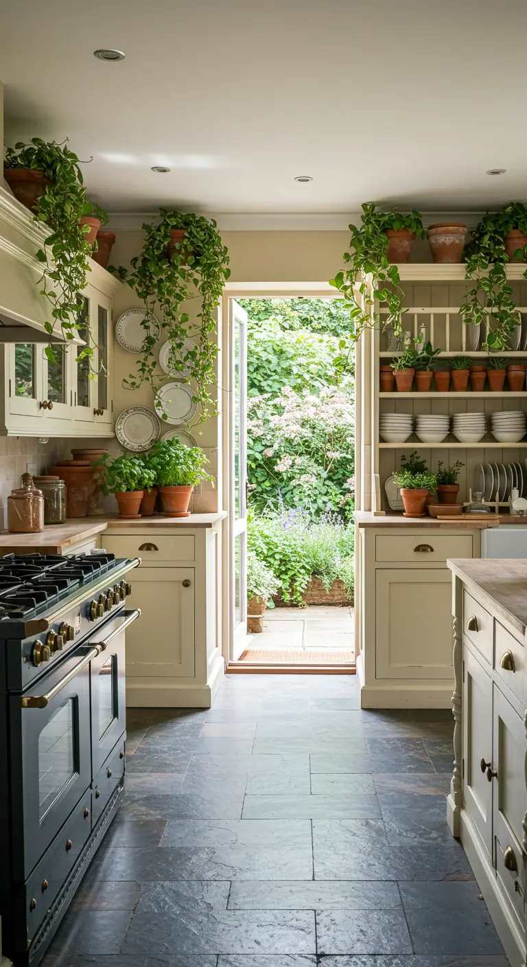 Buttermilk kitchen with a doorway opening into a lush garden, with plants inside and out.