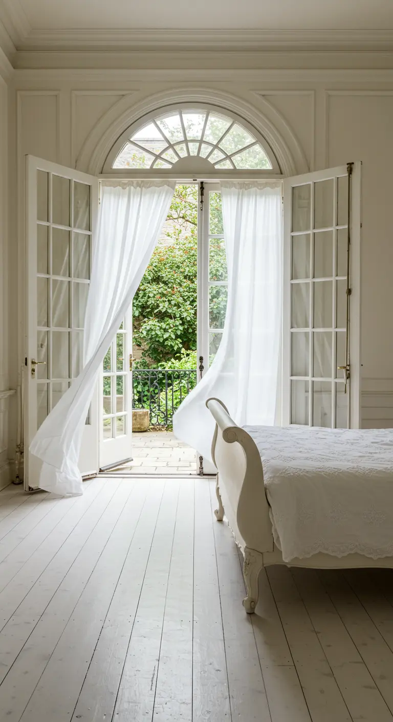 A white bedroom with an antique sleigh bed and open French doors leading to a garden.