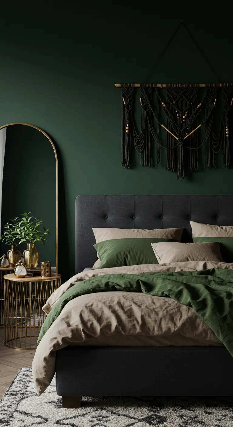 A bedroom with dark green walls, a black macramé hanging, and gold accents.
