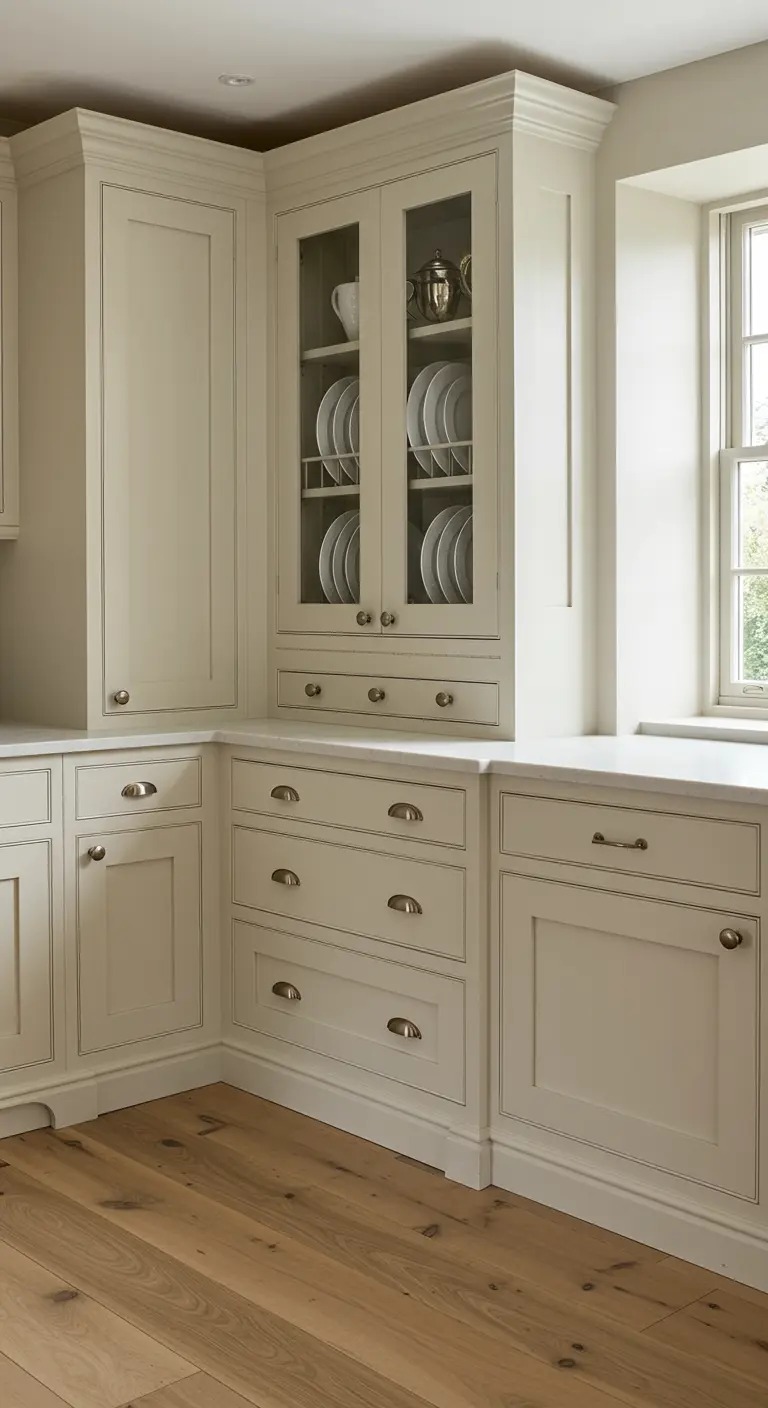 A tall, built-in hutch with glass doors in a buttermilk country kitchen.