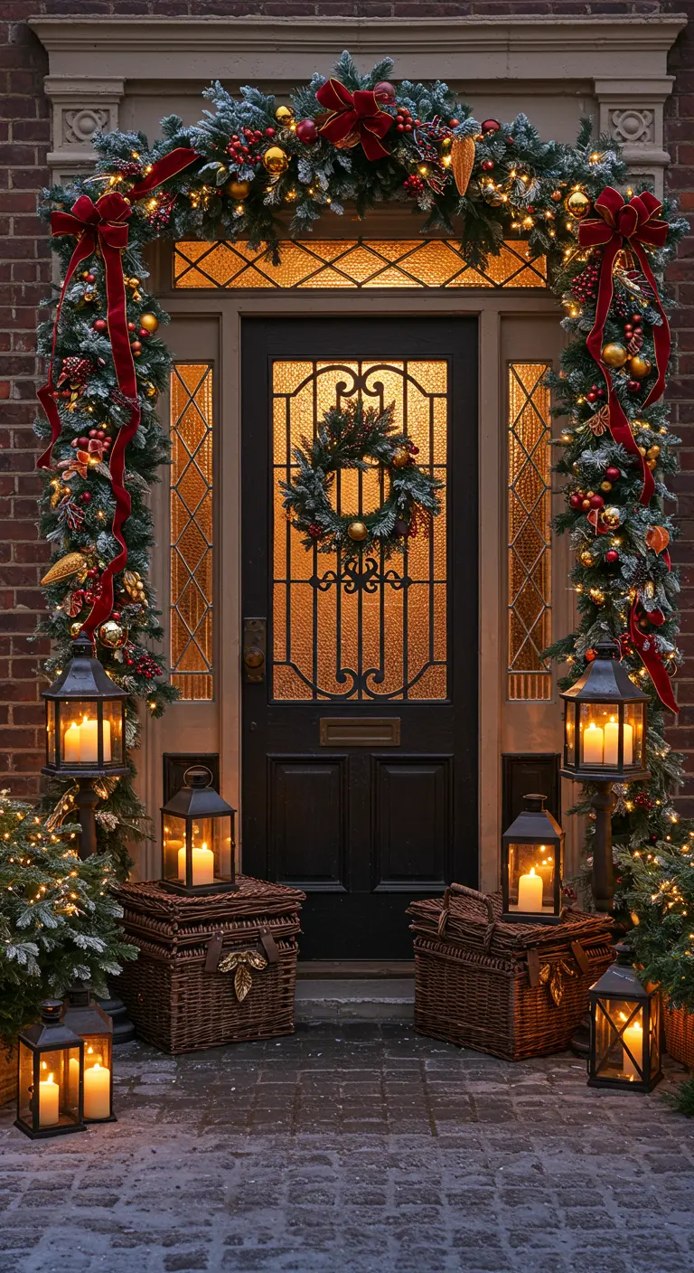 A grand entryway with an ornate door, a lavish garland with red and gold decor, and wicker baskets.