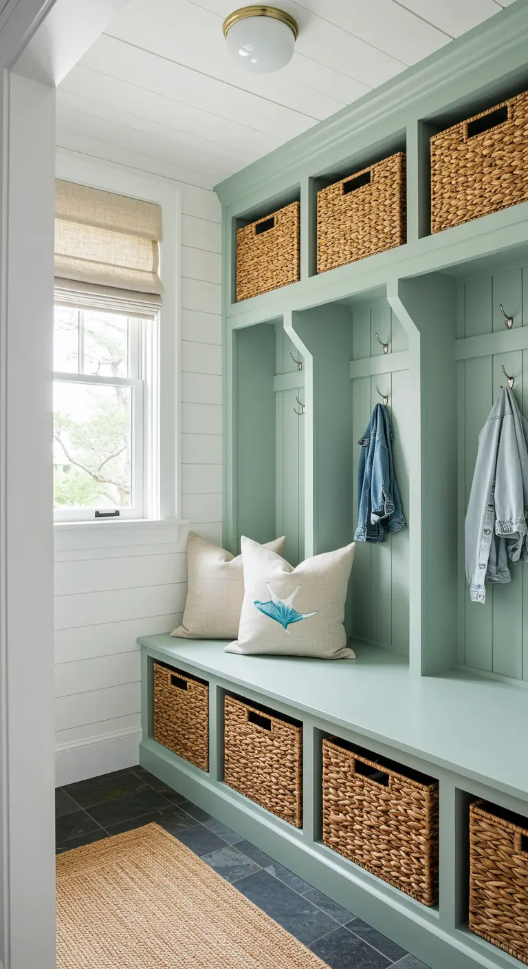 A tidy mudroom with sea-green built-ins and large woven baskets for storage.