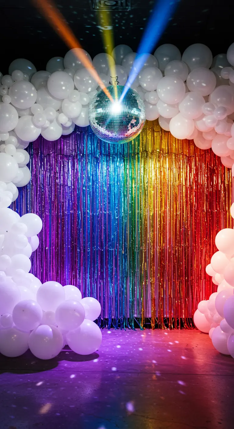 A rainbow fringe backdrop framed by white balloon clouds, with a disco ball at the top.
