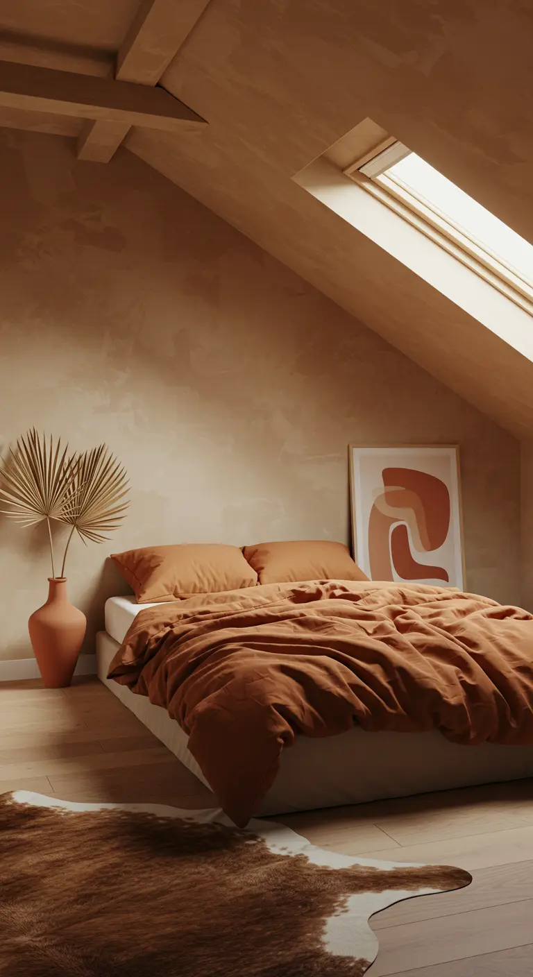 Loft bedroom with terracotta-colored bedding and abstract wall art.