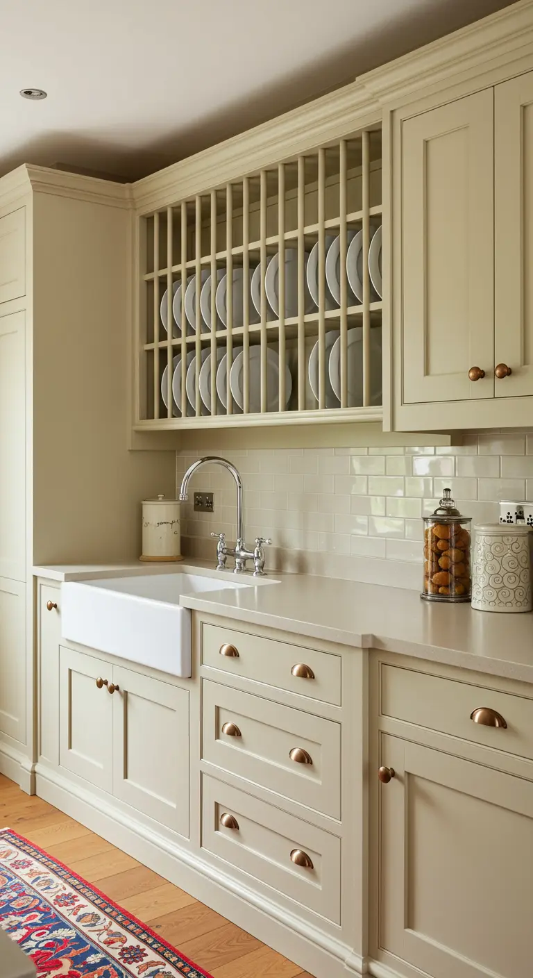 Buttermilk kitchen with an open plate rack set against a glossy subway tile backsplash.