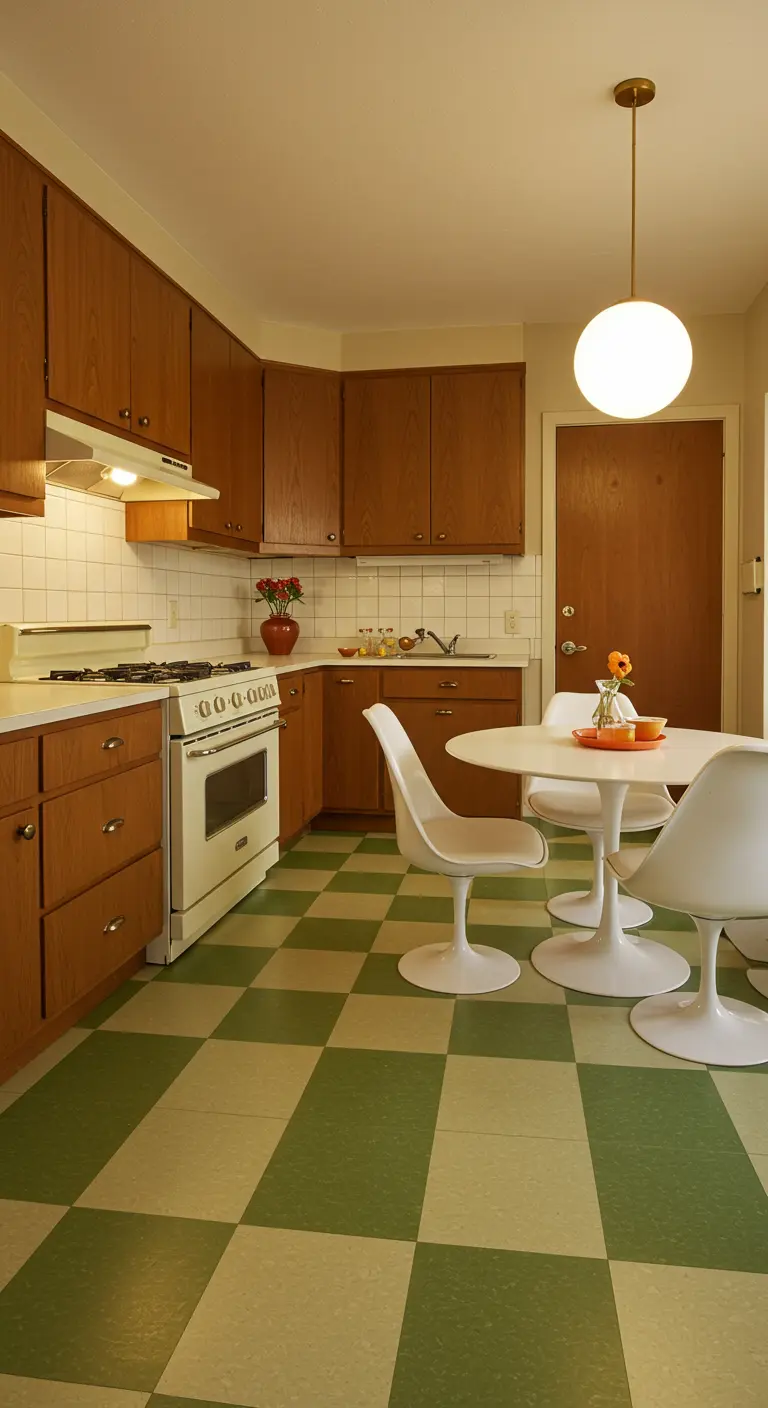 Mid-century kitchen with wood cabinets, green checkerboard floor, and a white tulip dining set.