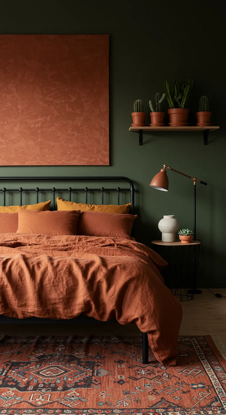 Bedroom with green walls, terracotta-colored bedding, and a large piece of matching abstract art.