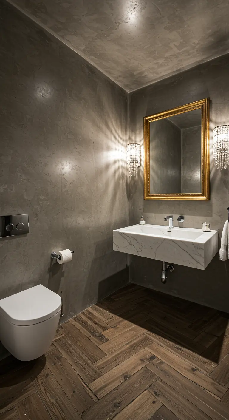 Industrial-chic powder room with concrete walls, a gold mirror, and crystal sconces.