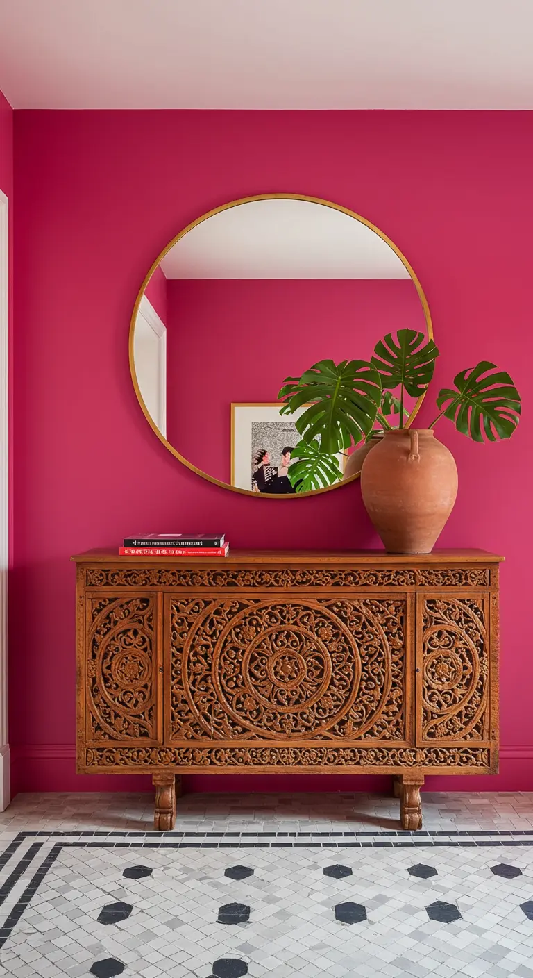 A carved wood console table against a bright magenta wall with a round gold mirror above.
