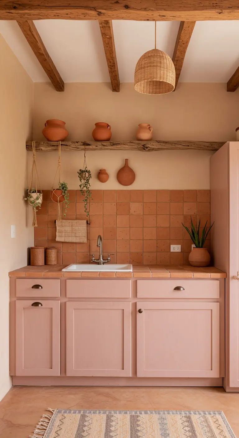 A kitchen with pink cabinets, terracotta tiles, and exposed wooden beams on the ceiling.