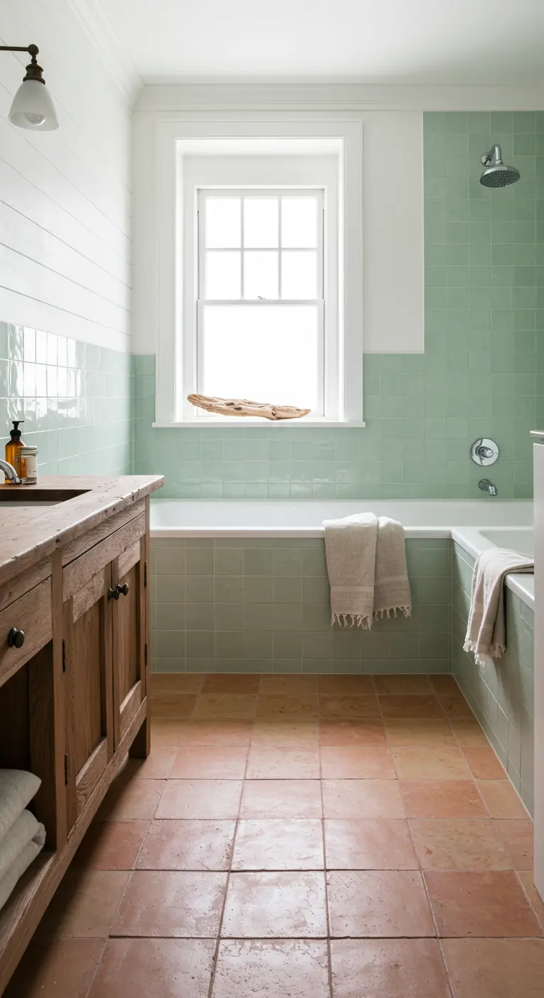 Bathroom with terracotta floors, a rustic wood vanity, and soft mint green wall tiles.