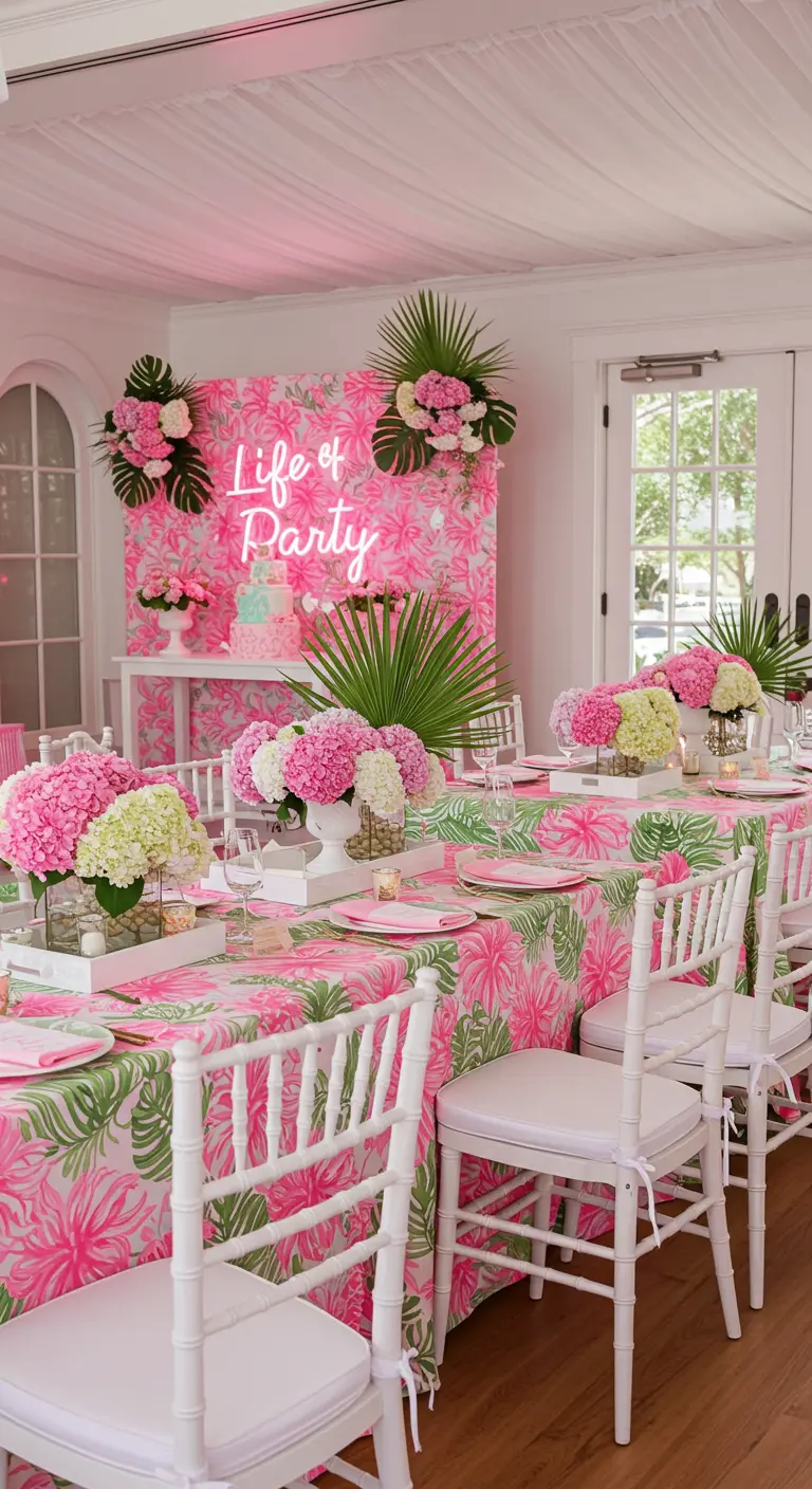 A preppy pink and green party scene with a 'Life of Party' neon sign.