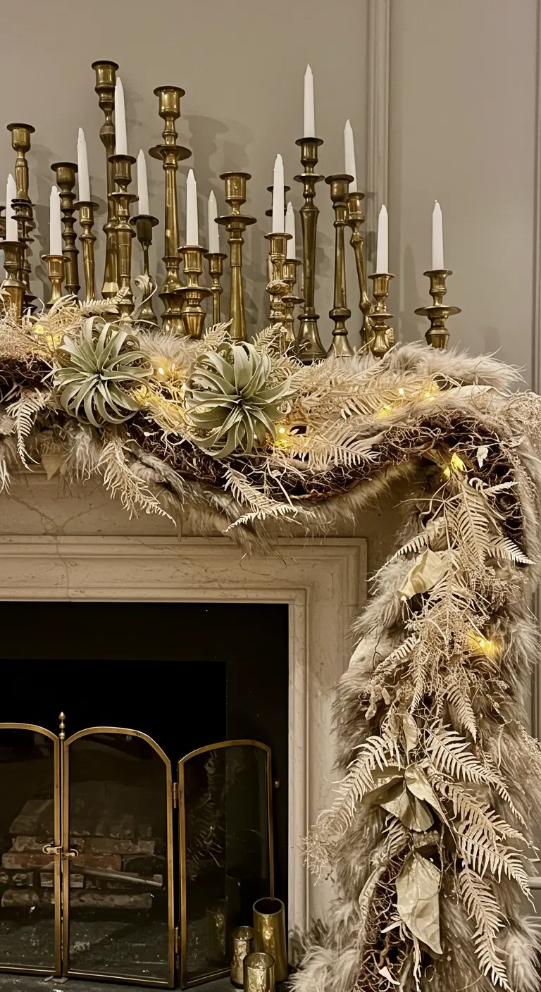 A fireplace mantel overflowing with a pampas grass garland and brass candlesticks.