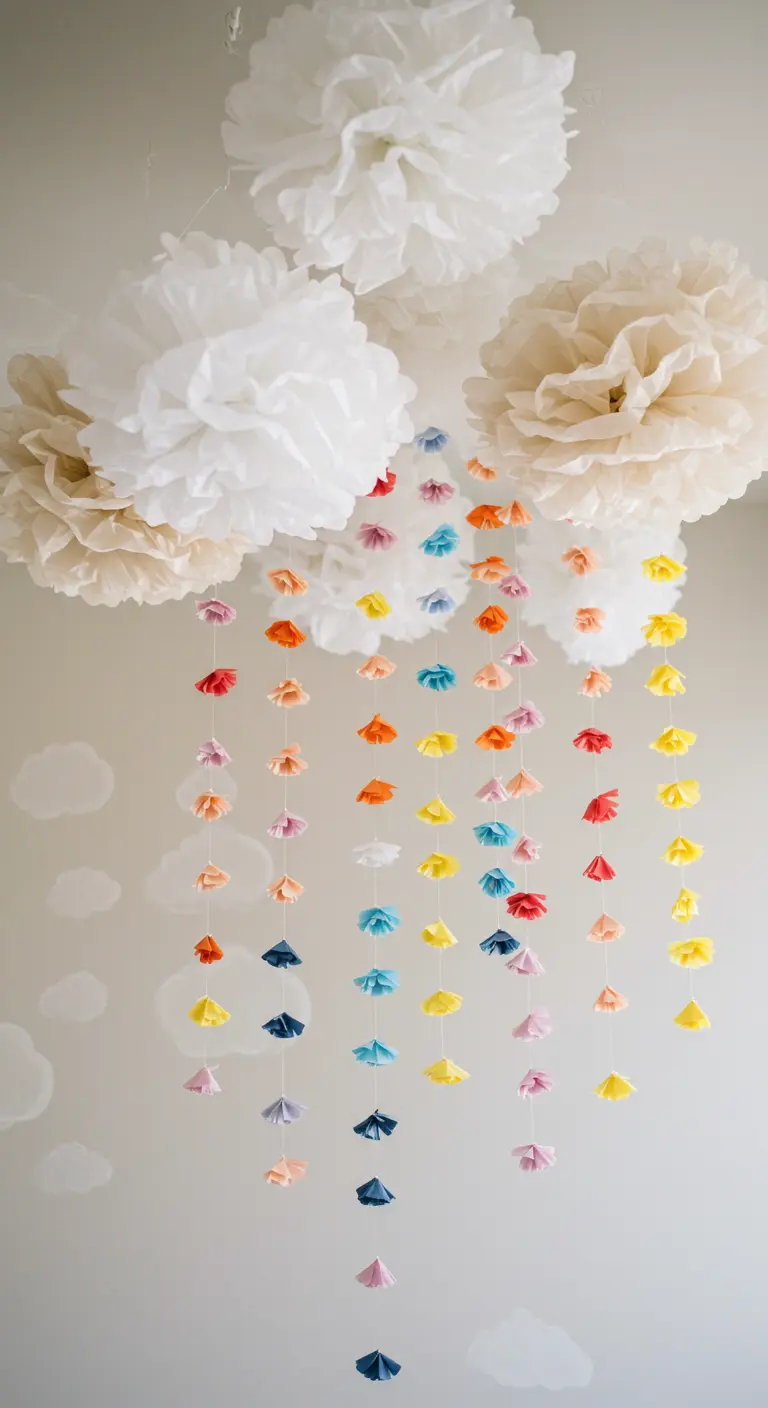 A ceiling mobile of white paper pom-pom clouds with strings of colorful mini flowers raining down.