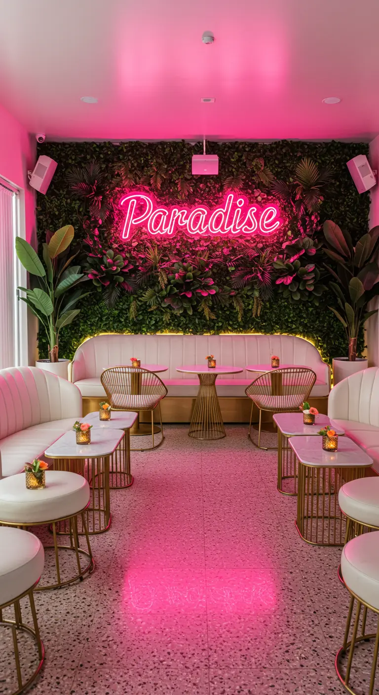 A chic patio with white furniture, a faux plant wall, and a neon 'Paradise' sign.