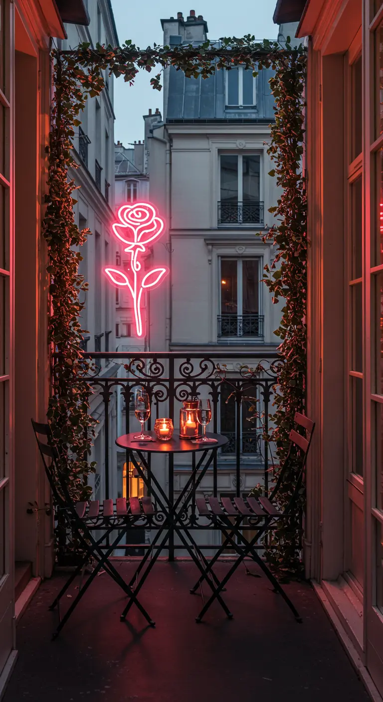 A small Parisian balcony with a bistro set and a vibrant pink neon rose sign.