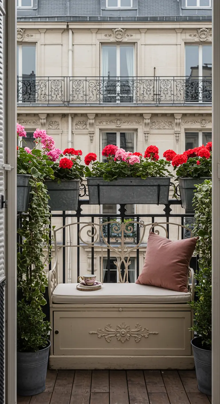 Elegant Parisian balcony with an ornate storage bench, pink pillow, and geranium-filled planters.