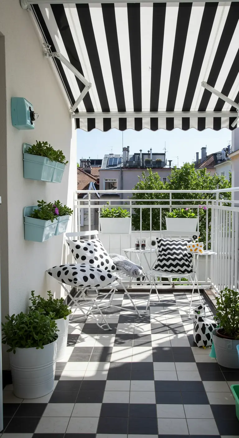 Cheerful balcony with a striped awning and checkerboard floor.