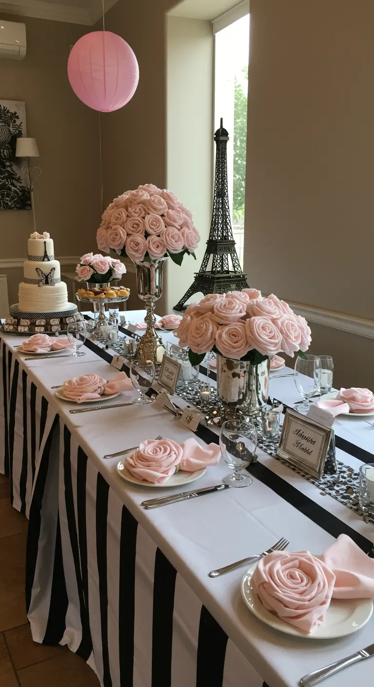 A Parisian-themed table with blush pink napkins folded into roses on each plate.