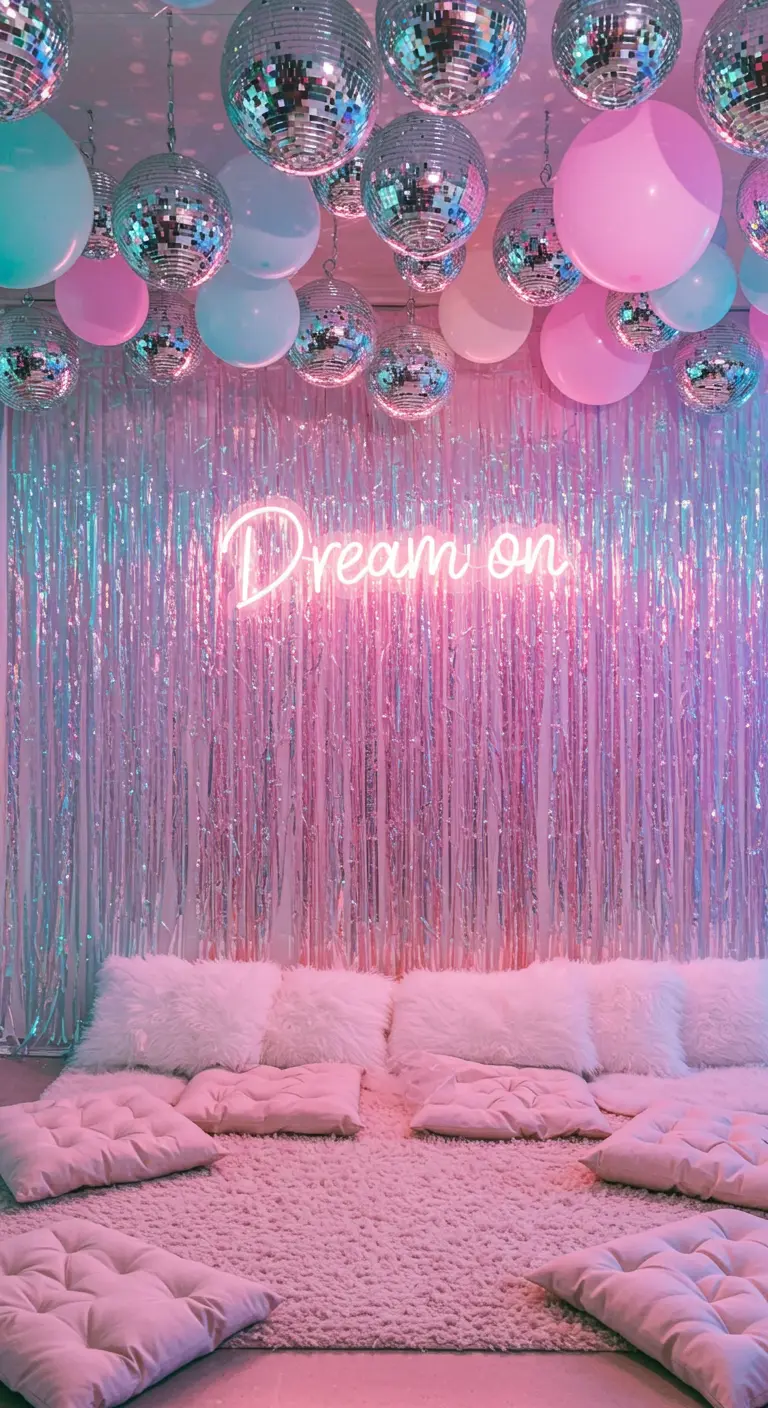 An iridescent fringe backdrop with pastel balloons, disco balls, and a 'Dream on' neon sign.