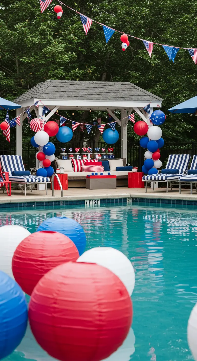 Pool party with red, white, and blue lanterns floating in the water and a decorated gazebo.