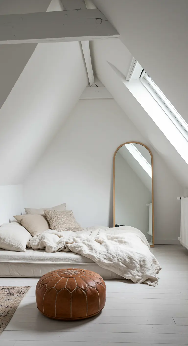 Loft bedroom with a mattress on the floor and a large arched mirror.