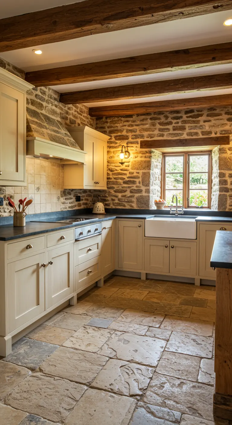 Rustic cottage kitchen with stone walls and a sink under the window.