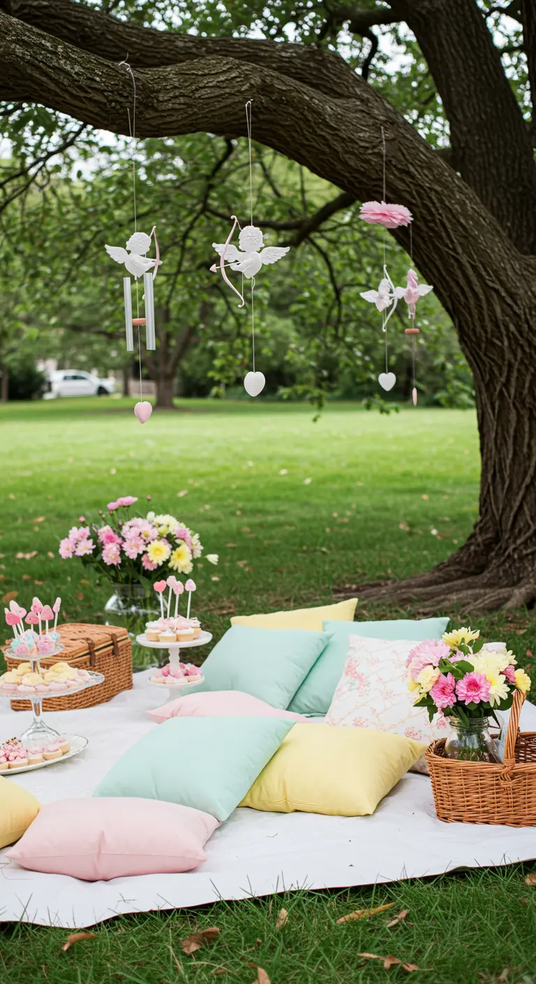 A romantic picnic setup in a park with pastel pillows and Cupid mobiles hanging from a tree.