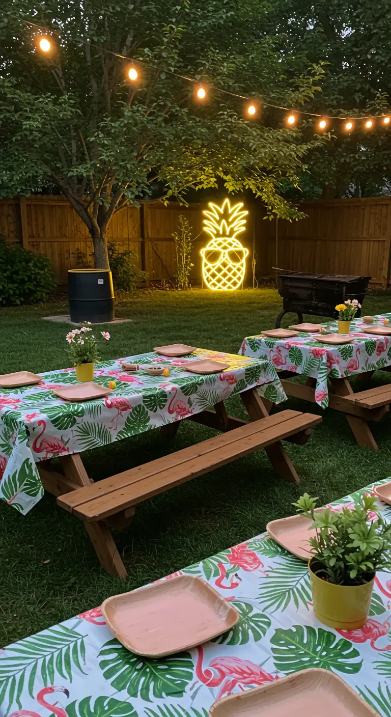 Backyard picnic tables with flamingo tablecloths and a neon pineapple sign.