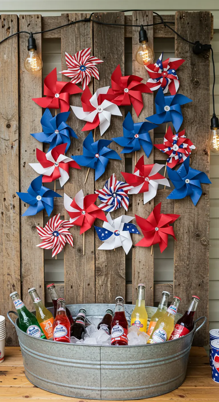 A reclaimed wood backdrop decorated with red, white, and blue pinwheels behind a drink tub.