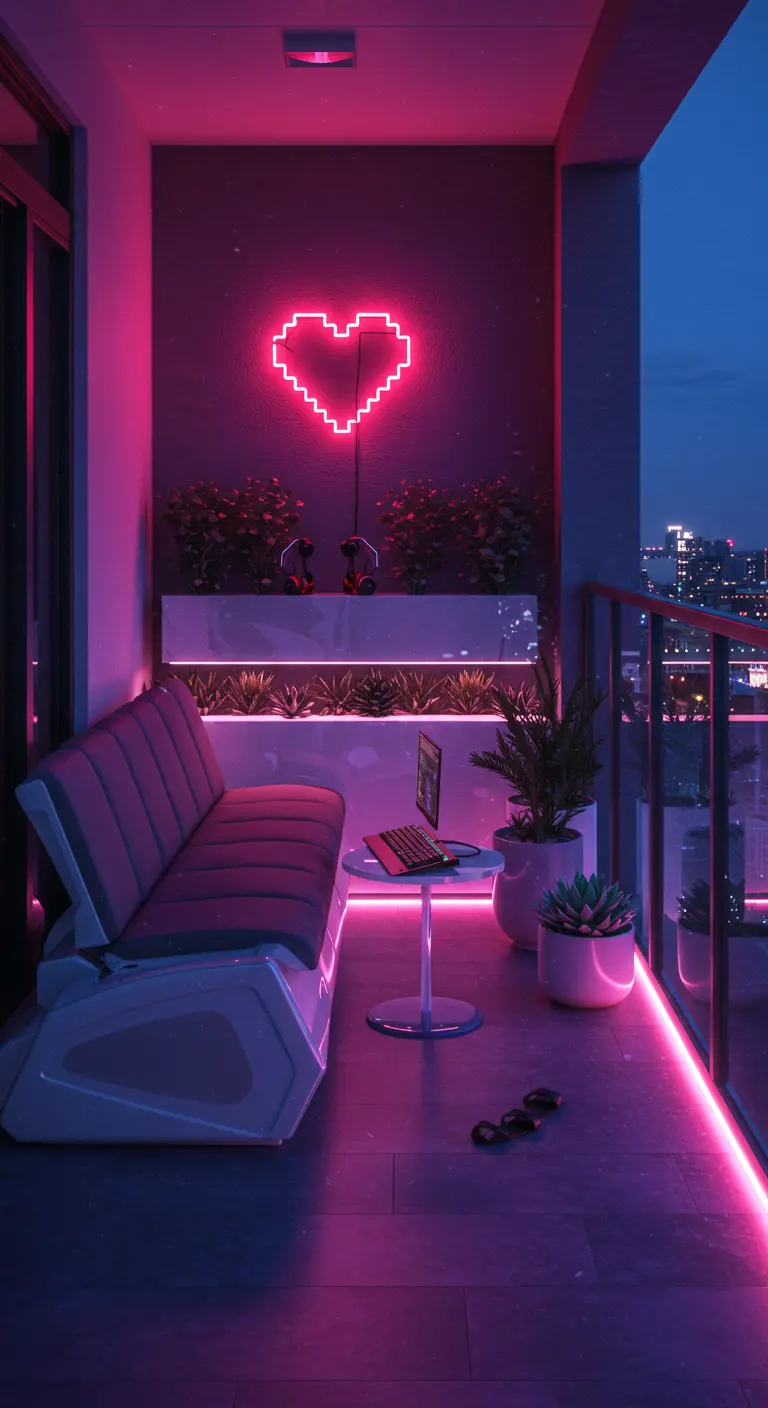 A futuristic balcony at night with a neon pixel heart sign and LED strip lighting.