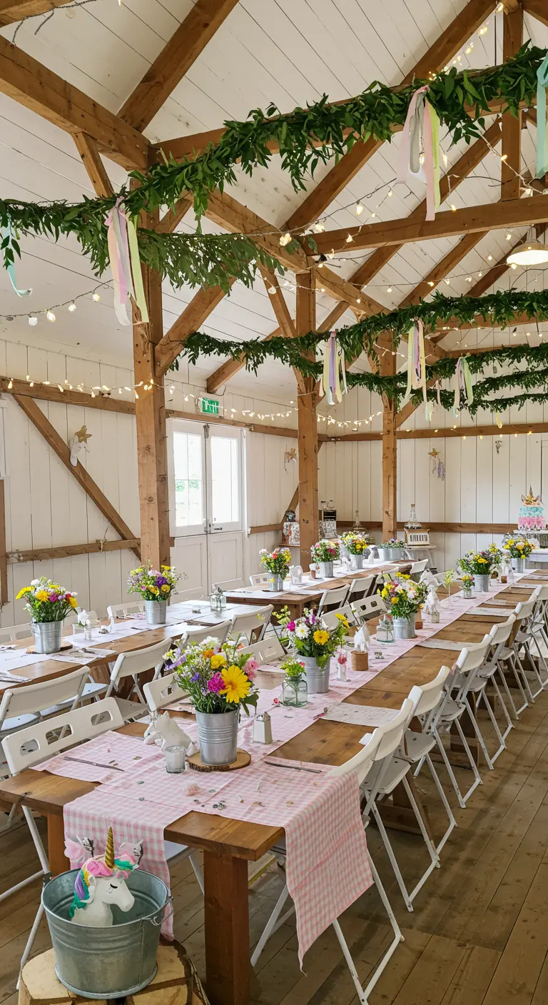 Rustic barn unicorn party with gingham runners and wildflower centerpieces.