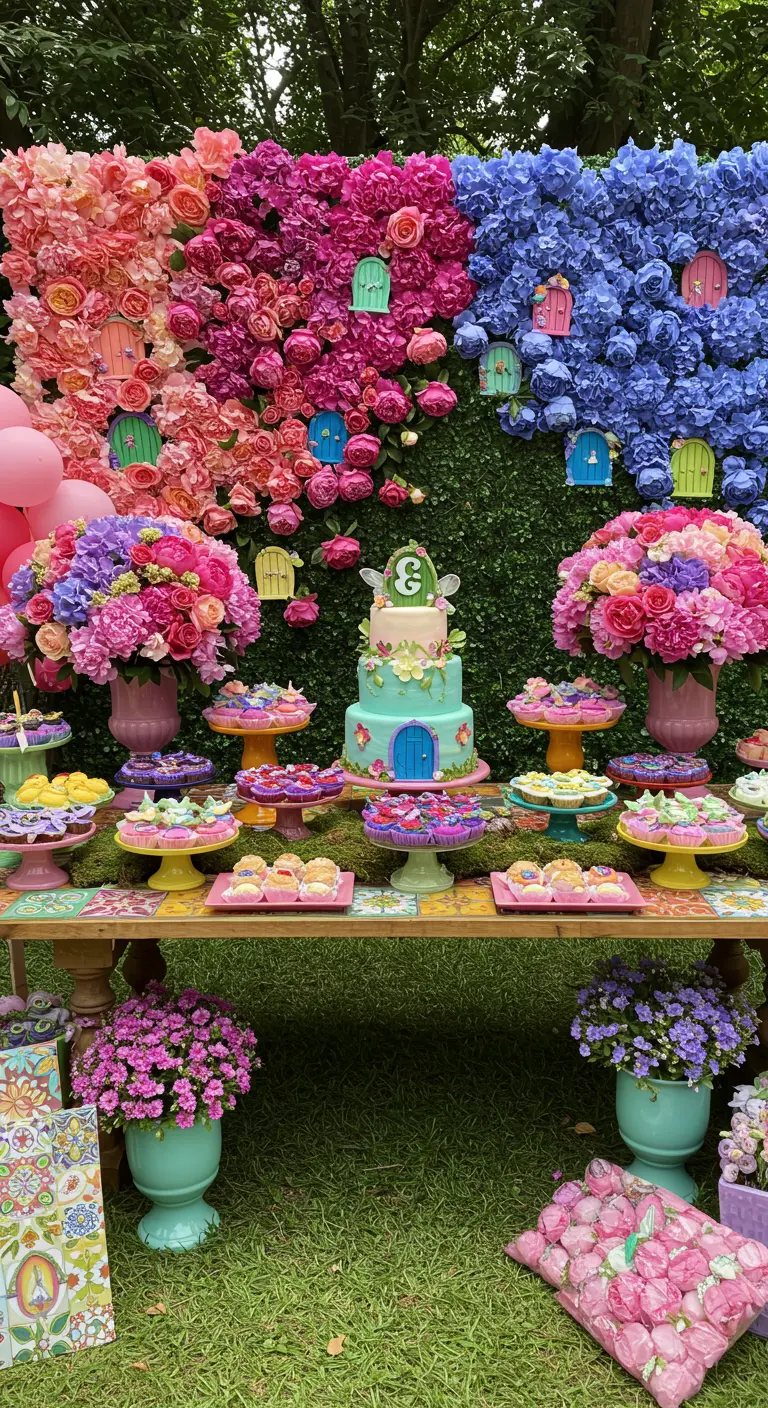 A dessert table in front of a vibrant, color-blocked flower wall with tiny fairy doors.