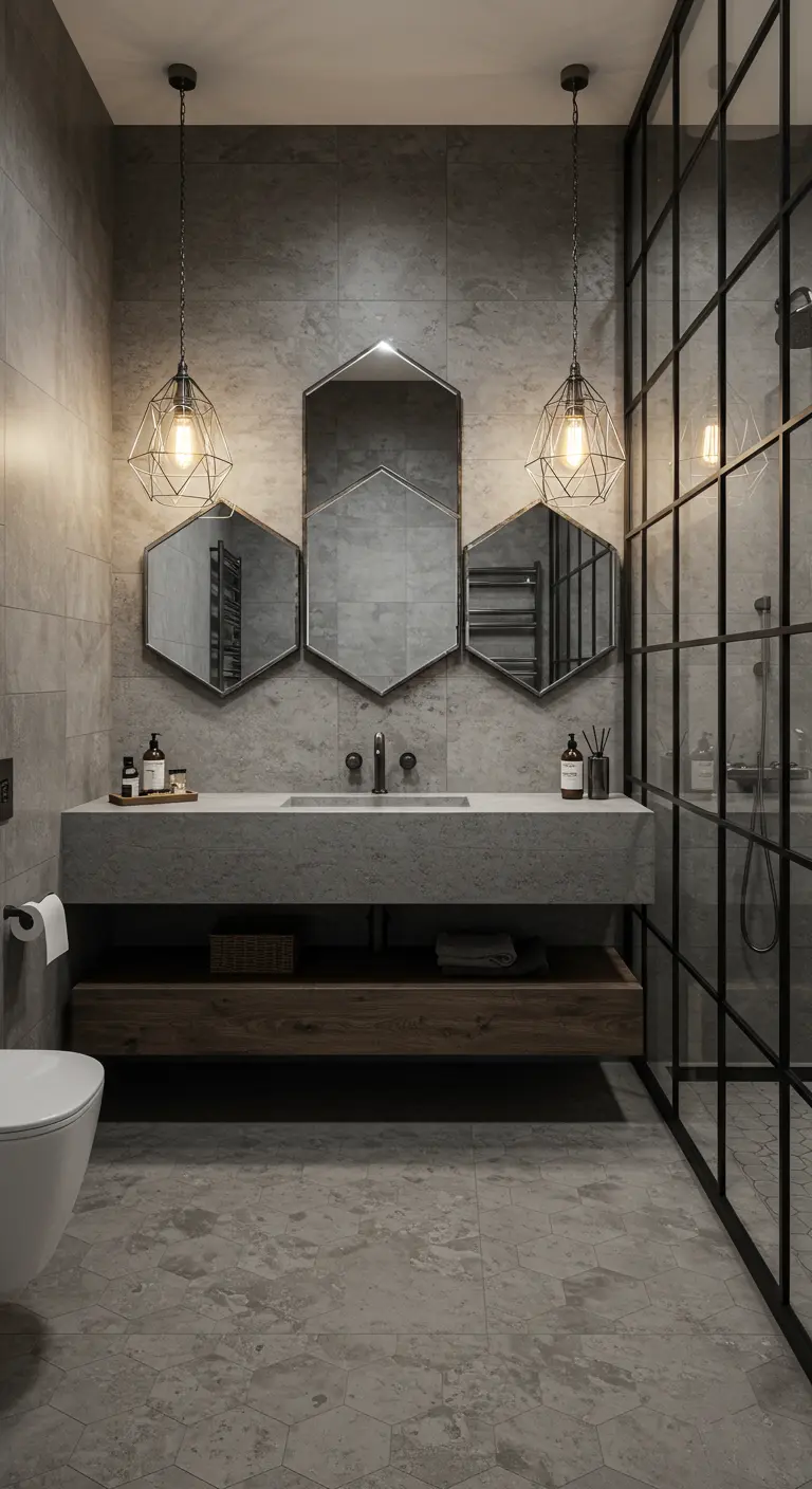 Industrial bathroom with hexagonal mirrors and geometric wire pendant lights.