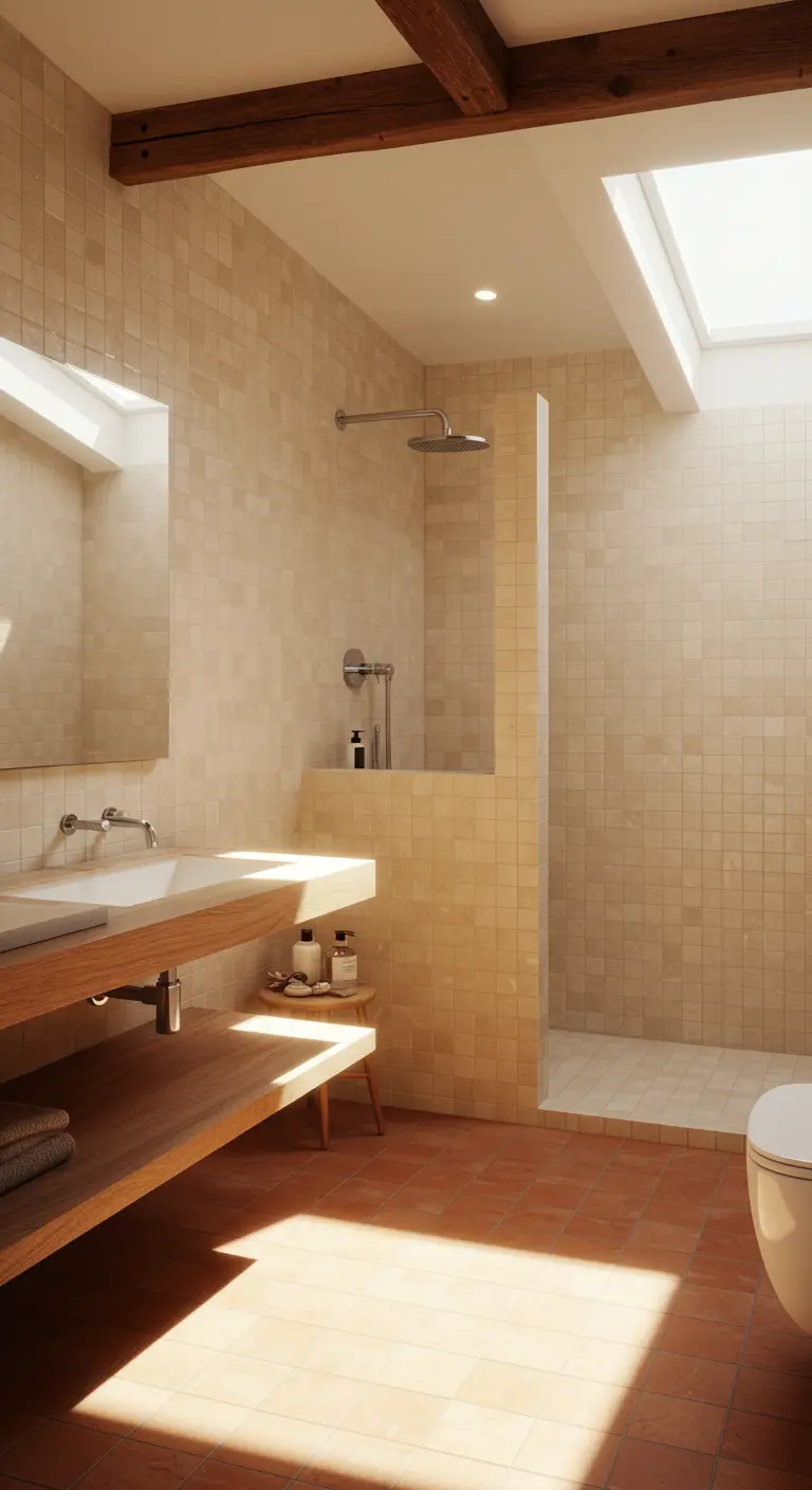Sunlit bathroom with glossy beige wall tiles, a half-wall shower, and matte terracotta floors.