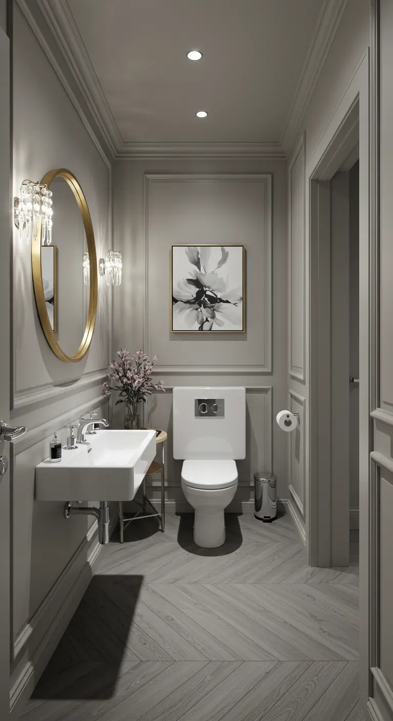 Monochromatic grey powder room with a simple gold mirror and floral art.