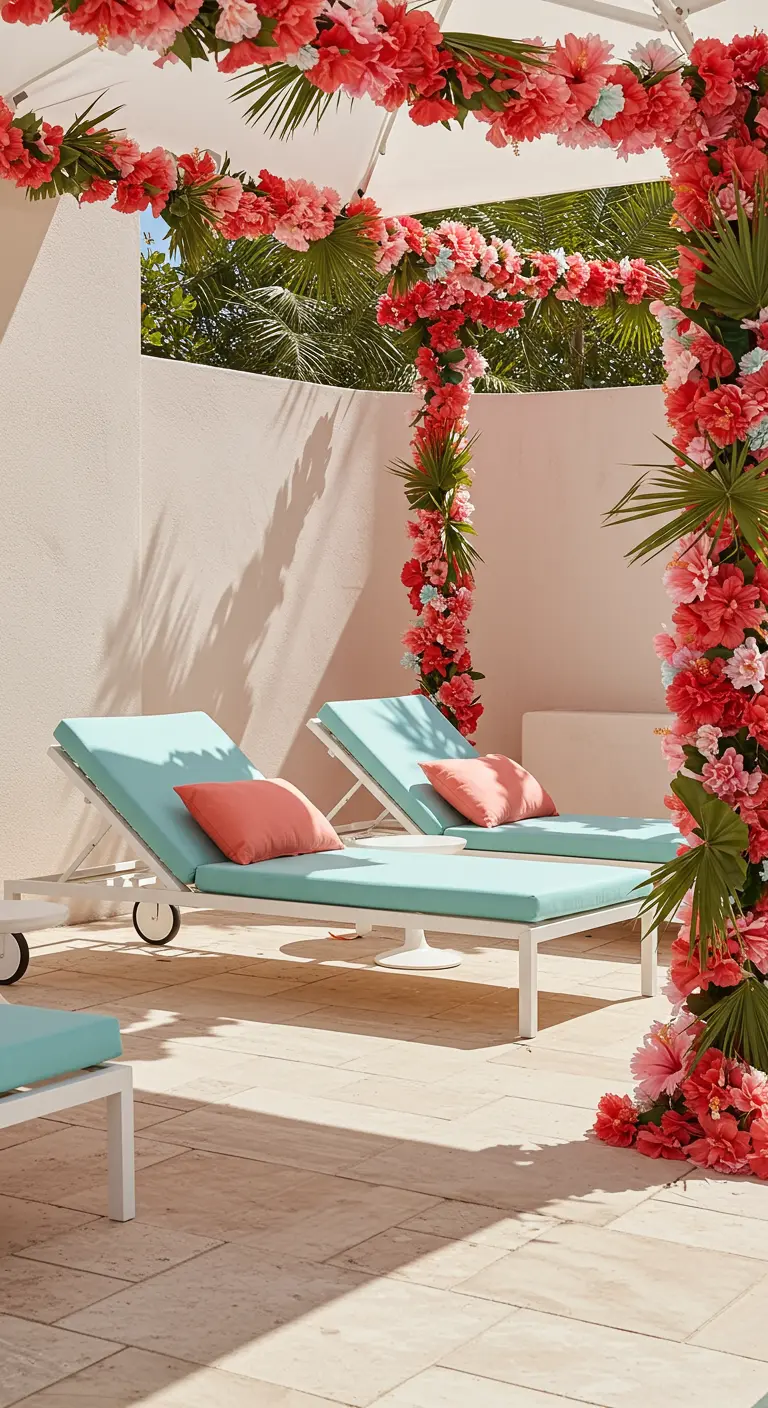 Poolside loungers under a structure wrapped in vibrant coral and pink paper flower garlands.