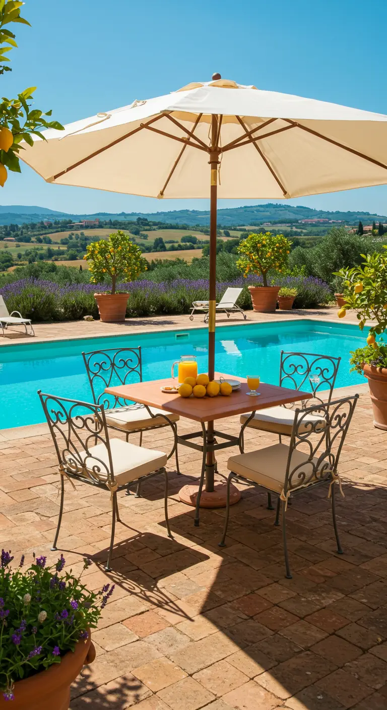 Square terra cotta table with iron chairs and an umbrella by a swimming pool.