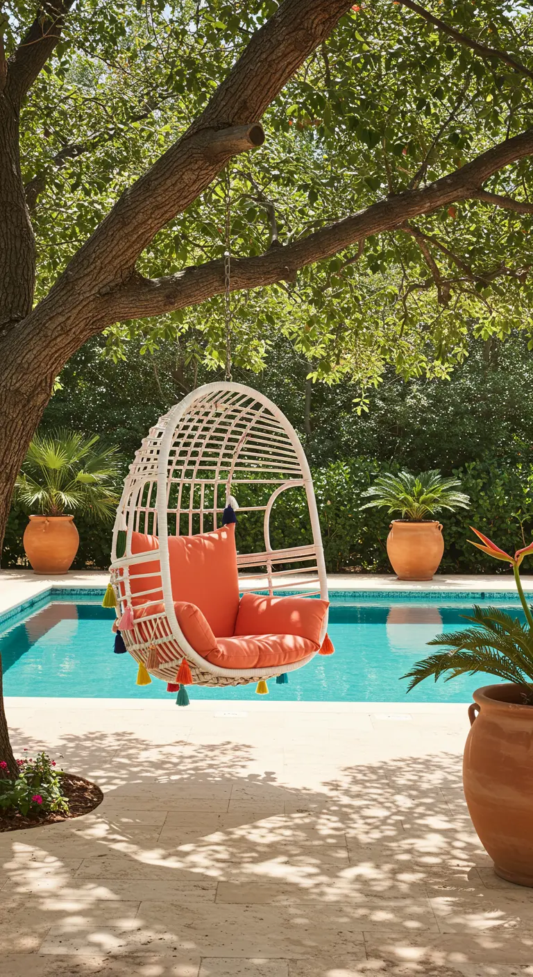 A white rattan egg chair with bright coral cushions hanging by a swimming pool.