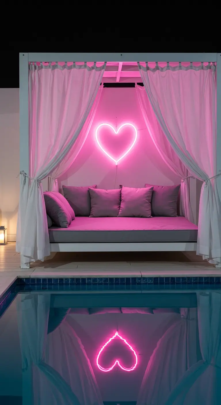 A poolside canopy bed with a glowing pink neon heart sign inside, reflected in the water.