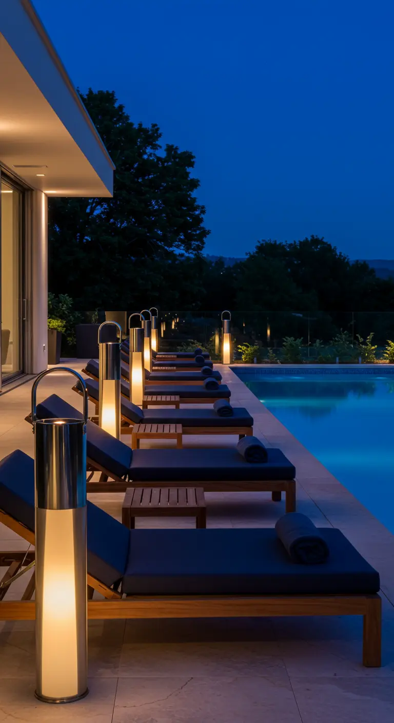 Row of modern poolside loungers with navy cushions and contemporary floor lanterns.