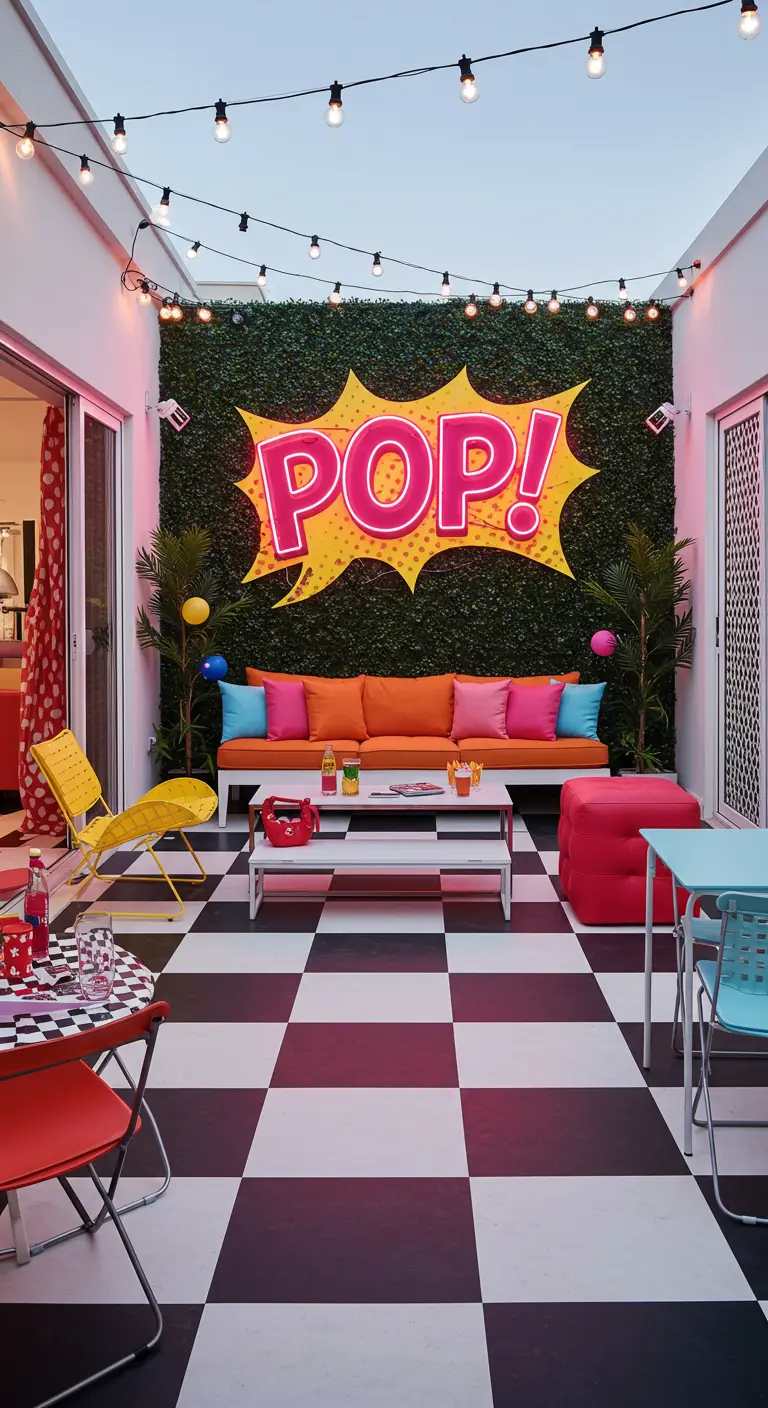 A retro patio with a checkerboard floor, colorful furniture, and a 'POP!' neon sign.