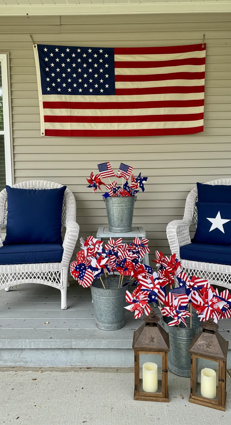 Porch decorated for the Fourth of July with a flag, wicker chairs, and buckets of pinwheels.